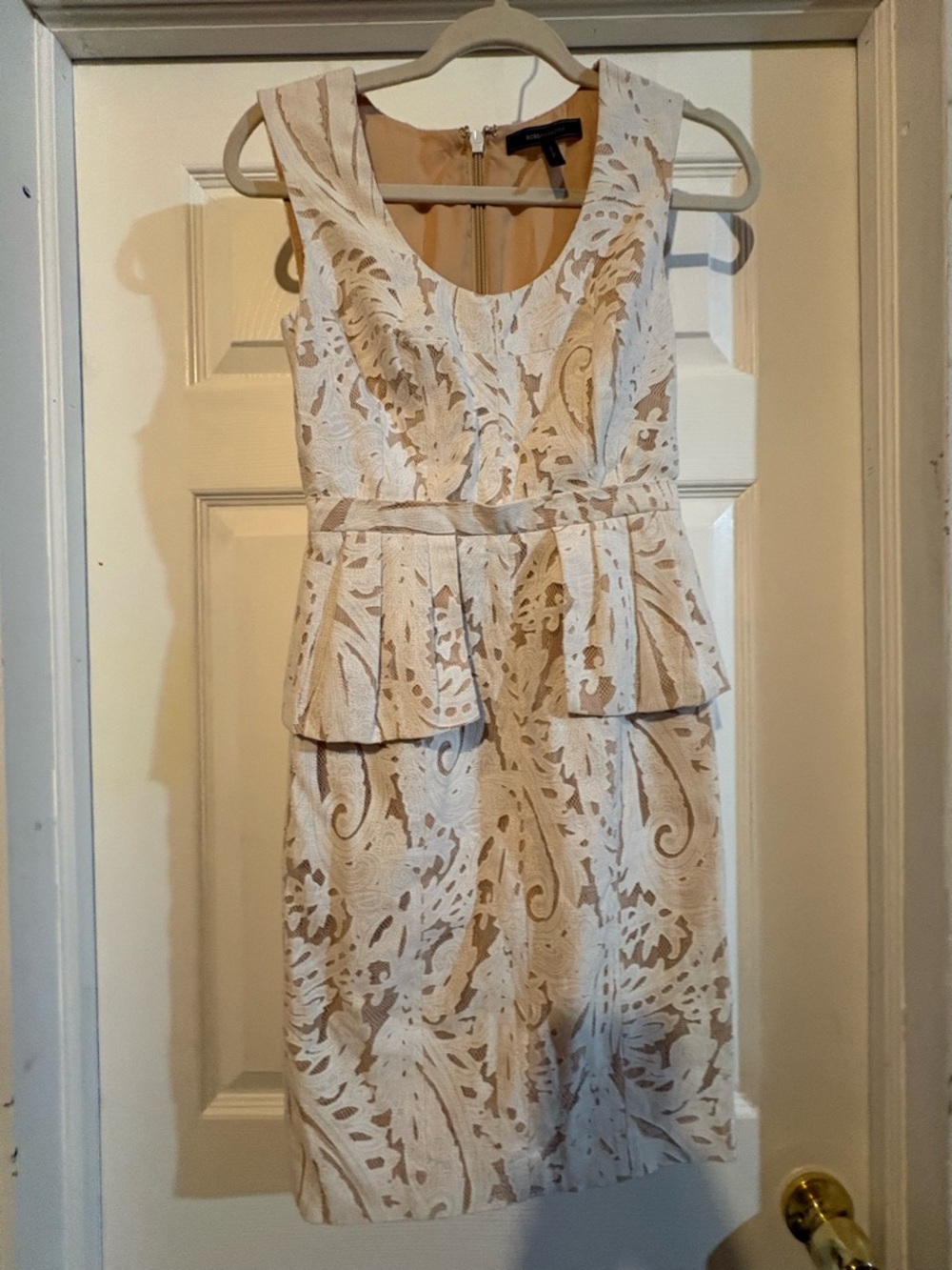 BCBGMaxAzria White and Tan Peplum Midi Dress